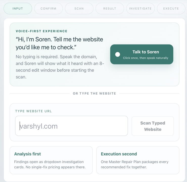 Soren voice-first website scanner showing Talk to Soren and Type Website URL